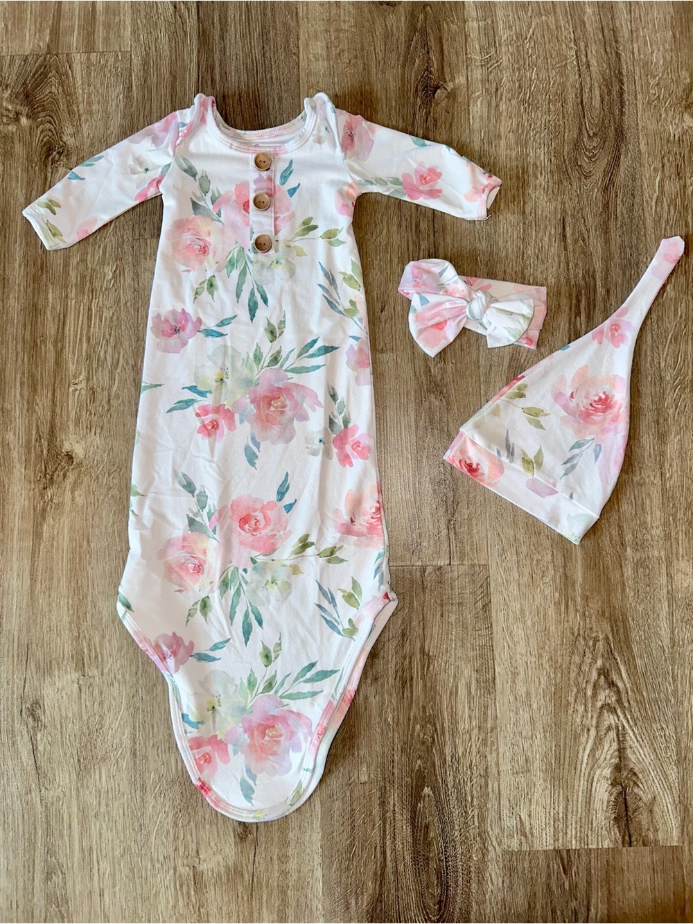 Caden Lane Newborn Floral Knotted Gown and Matching Hat + Bow